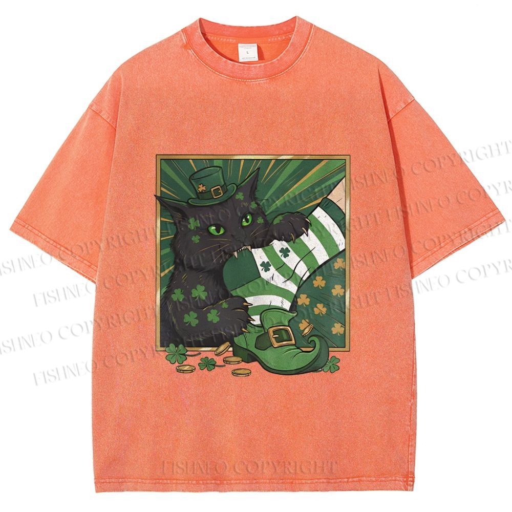 Unisex St.Patrick's Lucky Cat Printed Washed Tee