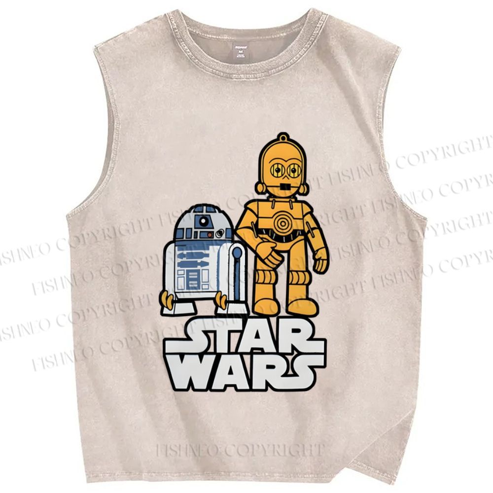 Unisex Star Wars R2-D2 with C-3PO Printed Washed Tank Top