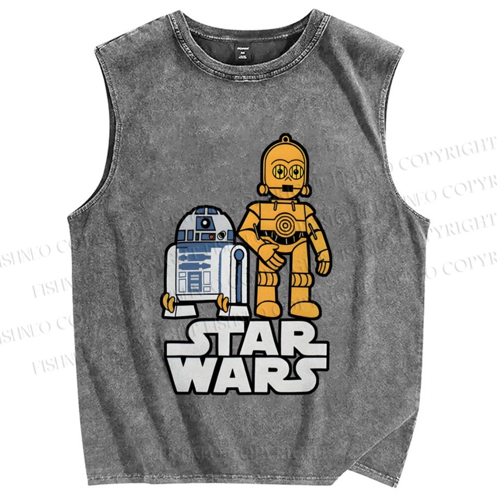 Unisex Star Wars R2-D2 with C-3PO Printed Washed Tank Top