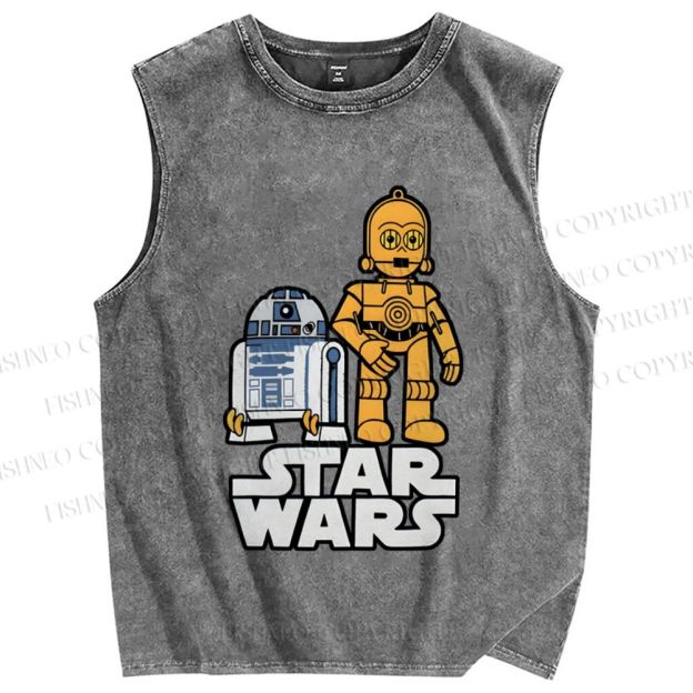 Unisex Star Wars R2-D2 with C-3PO Printed Washed Tank Top