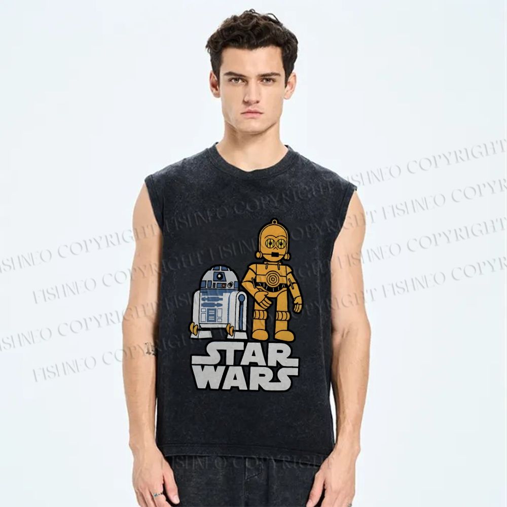 Unisex Star Wars R2-D2 with C-3PO Printed Washed Tank Top