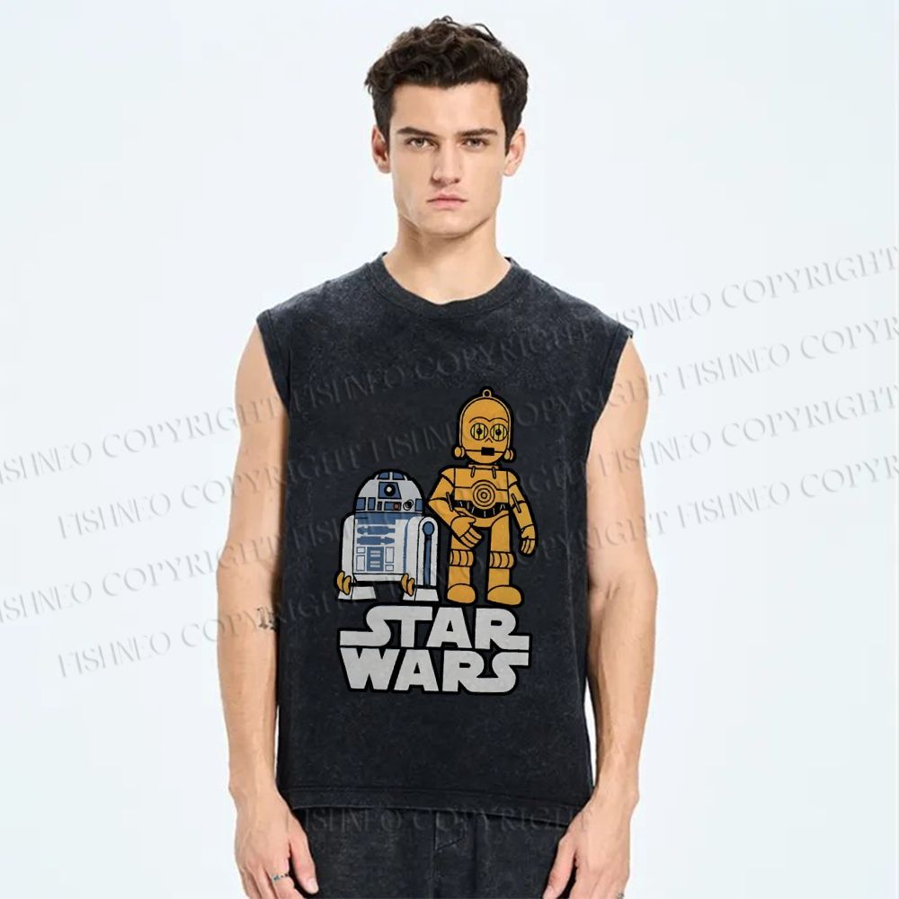 Unisex Star Wars R2-D2 with C-3PO Printed Washed Tank Top