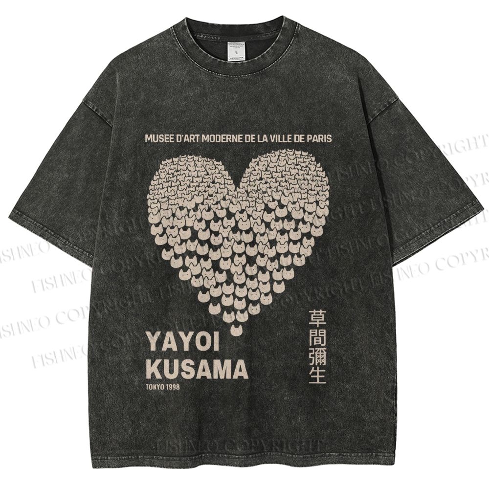 Unisex Yayoi Kusama Cats Love Heart Printed Washed Tee