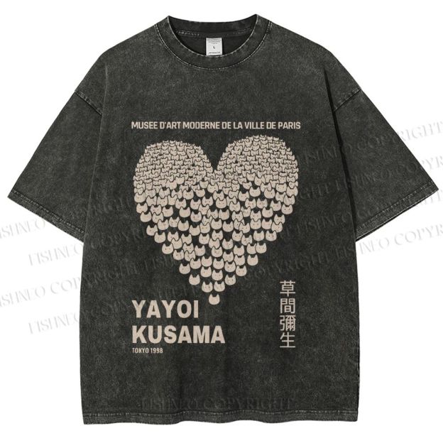 Unisex Yayoi Kusama Cats Love Heart Printed Washed Tee