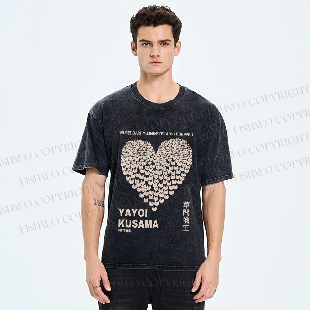 Unisex Yayoi Kusama Cats Love Heart Printed Washed Tee