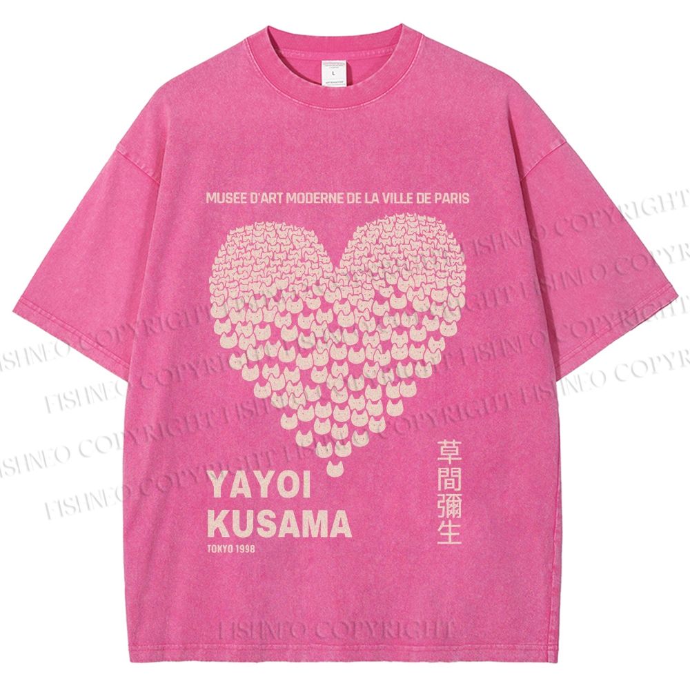 Unisex Yayoi Kusama Cats Love Heart Printed Washed Tee