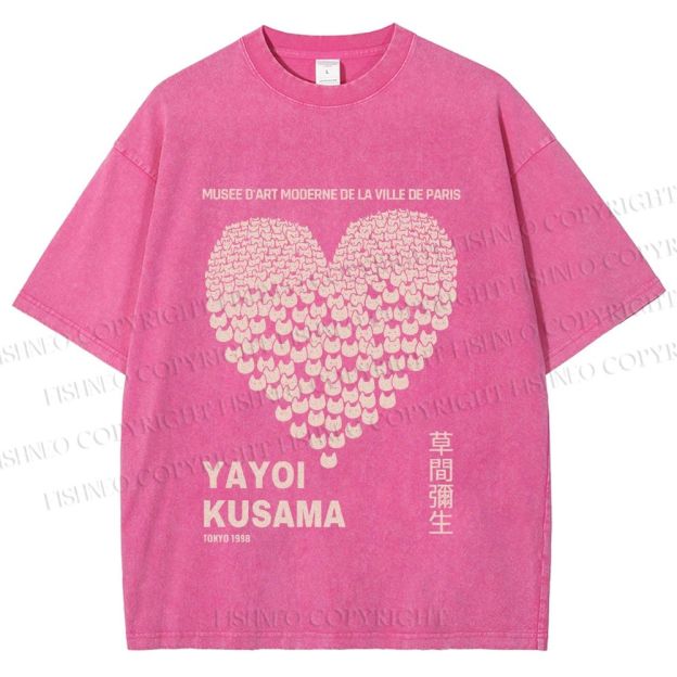 Unisex Yayoi Kusama Cats Love Heart Printed Washed Tee
