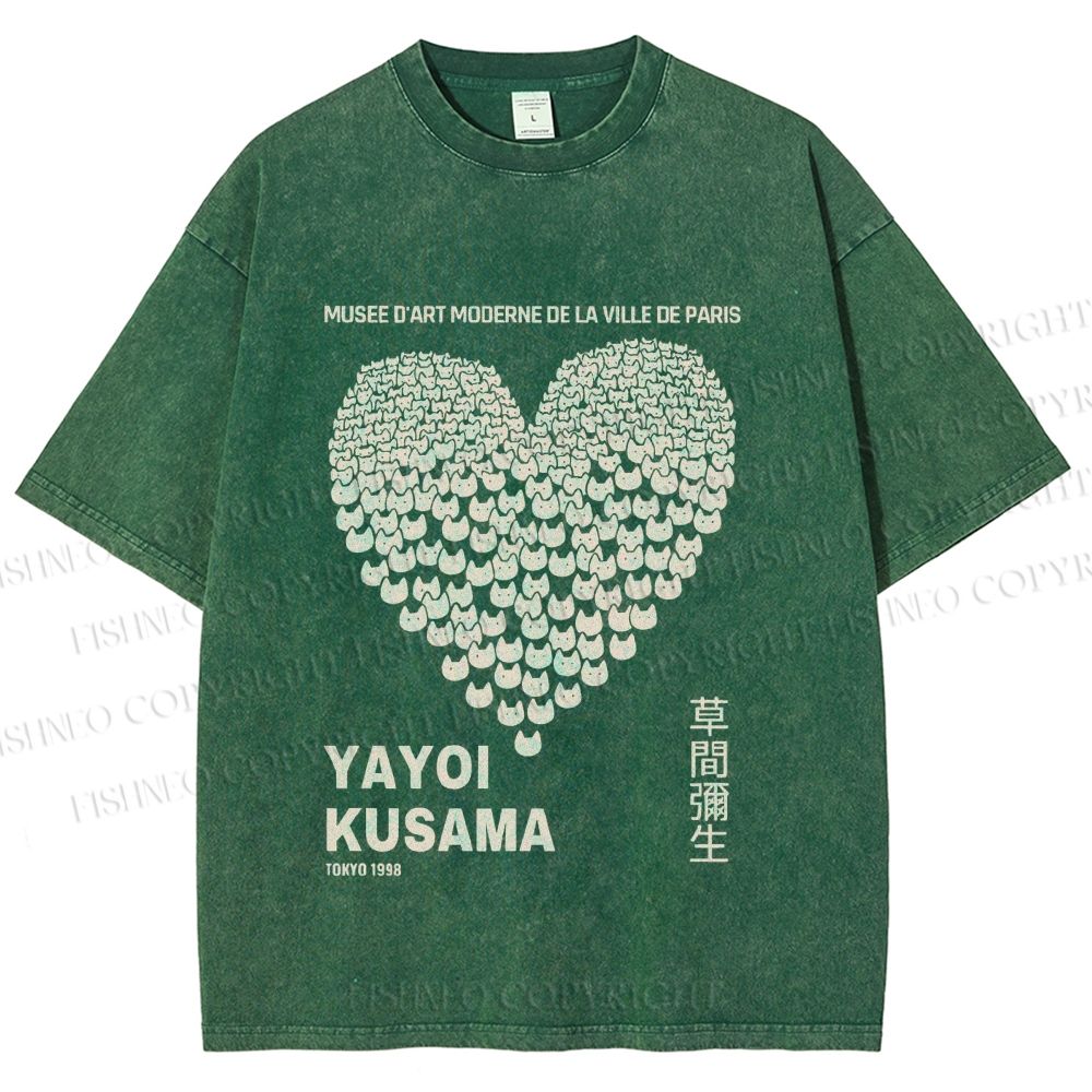 Unisex Yayoi Kusama Cats Love Heart Printed Washed Tee