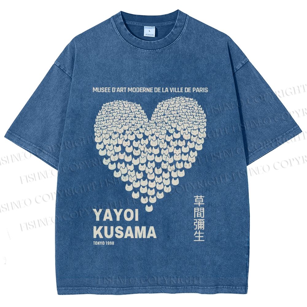 Unisex Yayoi Kusama Cats Love Heart Printed Washed Tee