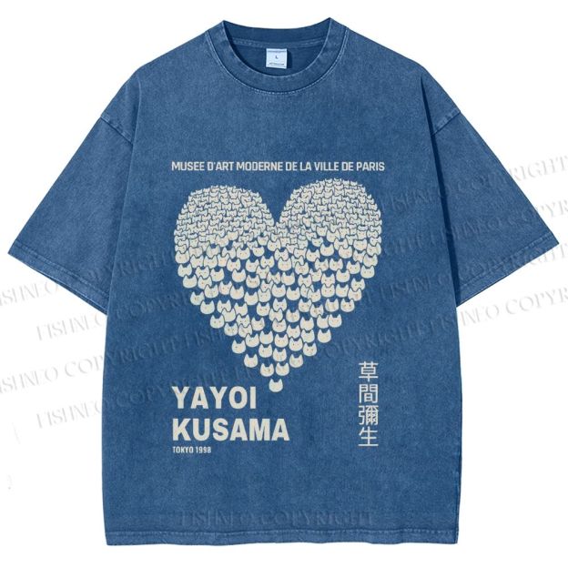 Unisex Yayoi Kusama Cats Love Heart Printed Washed Tee