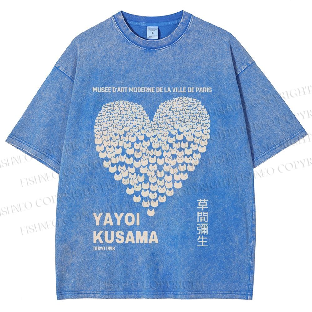Unisex Yayoi Kusama Cats Love Heart Printed Washed Tee