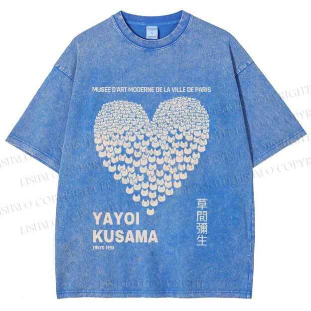 Unisex Yayoi Kusama Cats Love Heart Printed Washed Tee