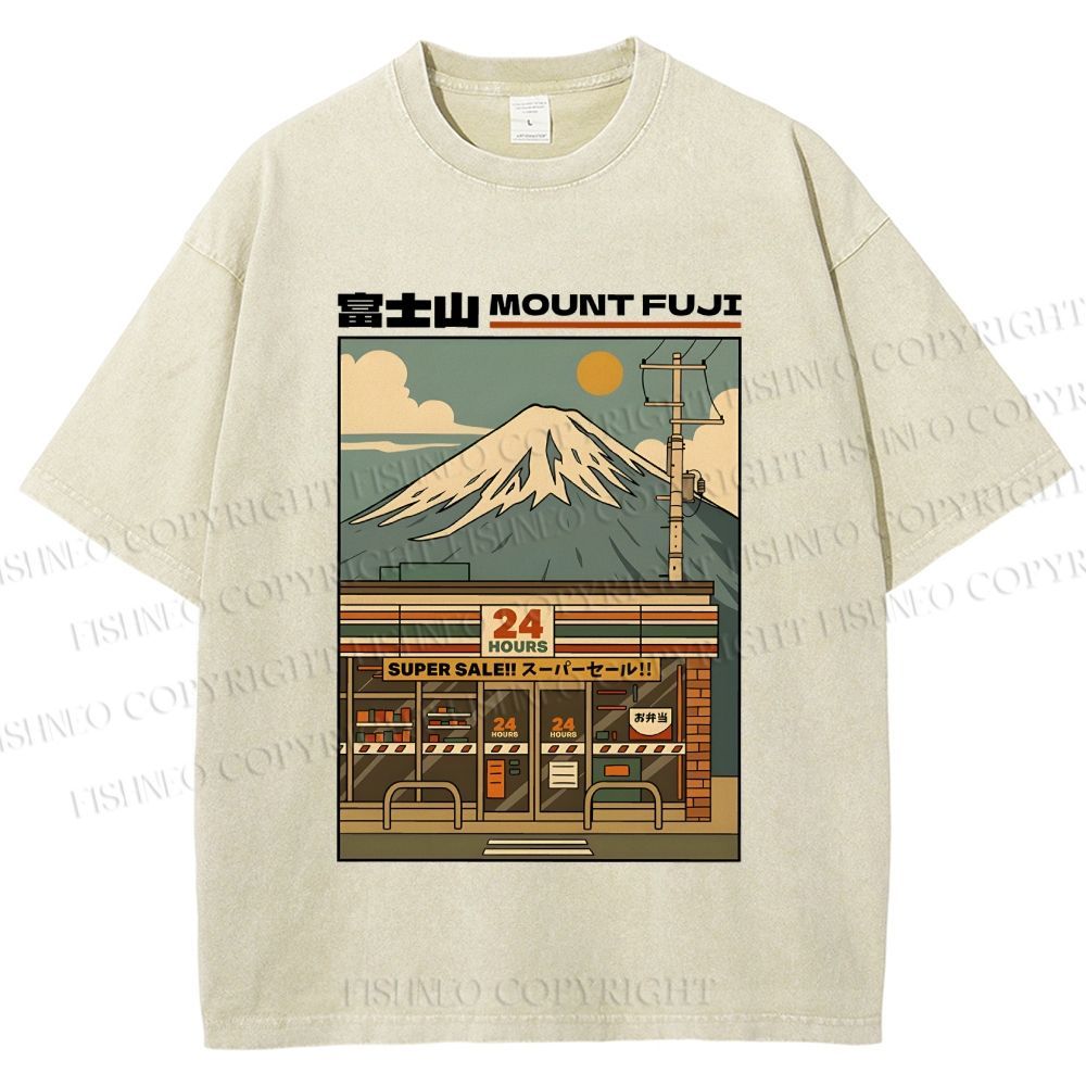 Unisex Japanese Mount Fuji Printed Washed Tee