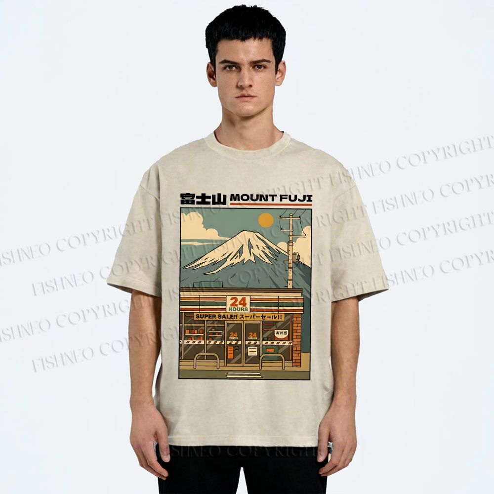 Unisex Japanese Mount Fuji Printed Washed Tee