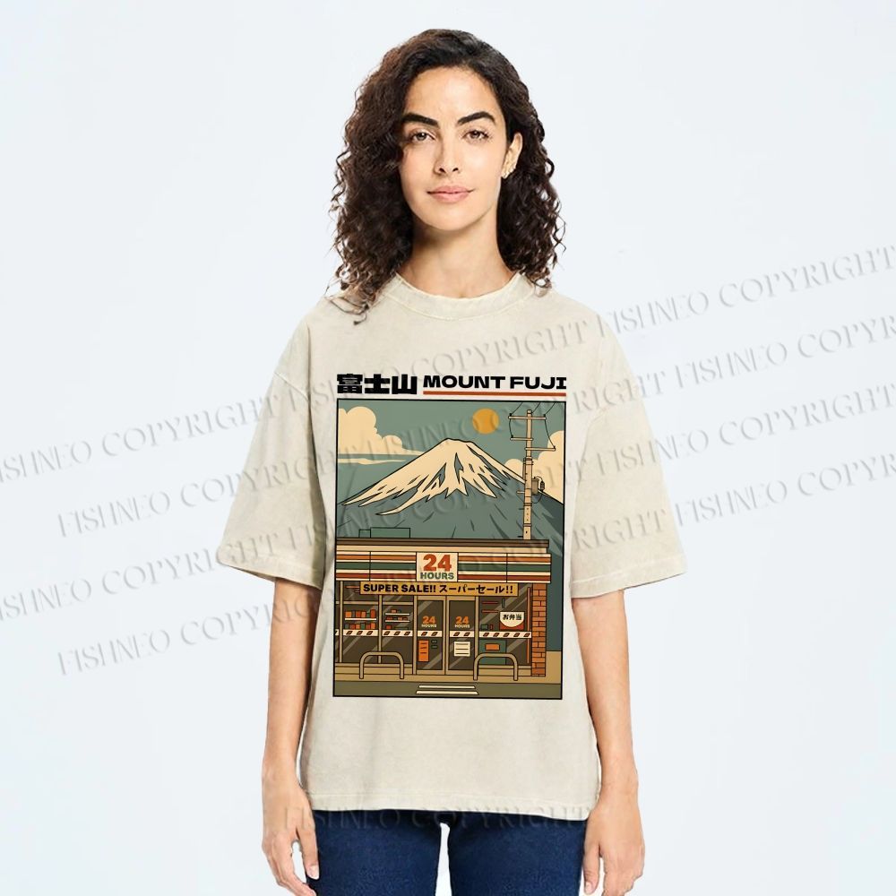 Unisex Japanese Mount Fuji Printed Washed Tee