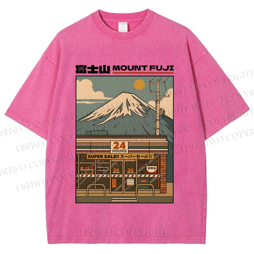 Unisex Japanese Mount Fuji Printed Washed Tee