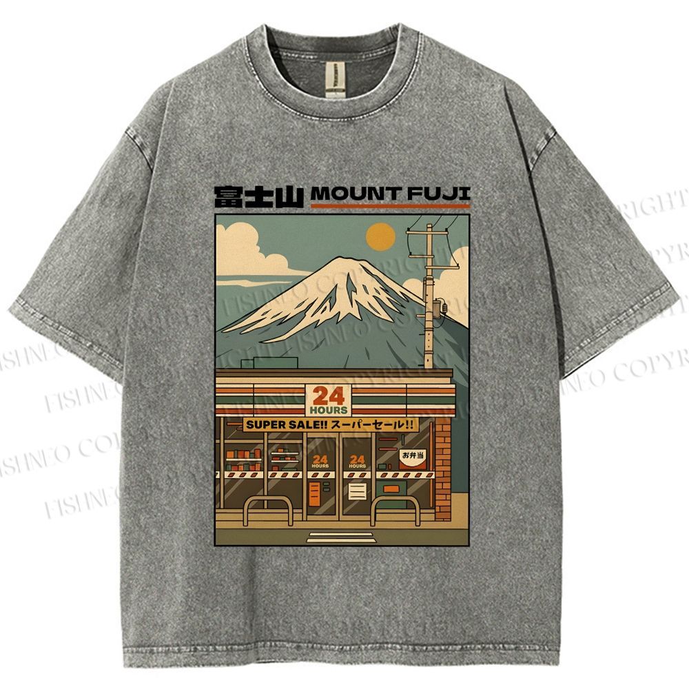 Unisex Japanese Mount Fuji Printed Washed Tee