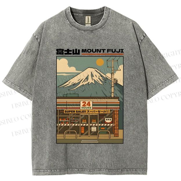 Unisex Japanese Mount Fuji Printed Washed Tee