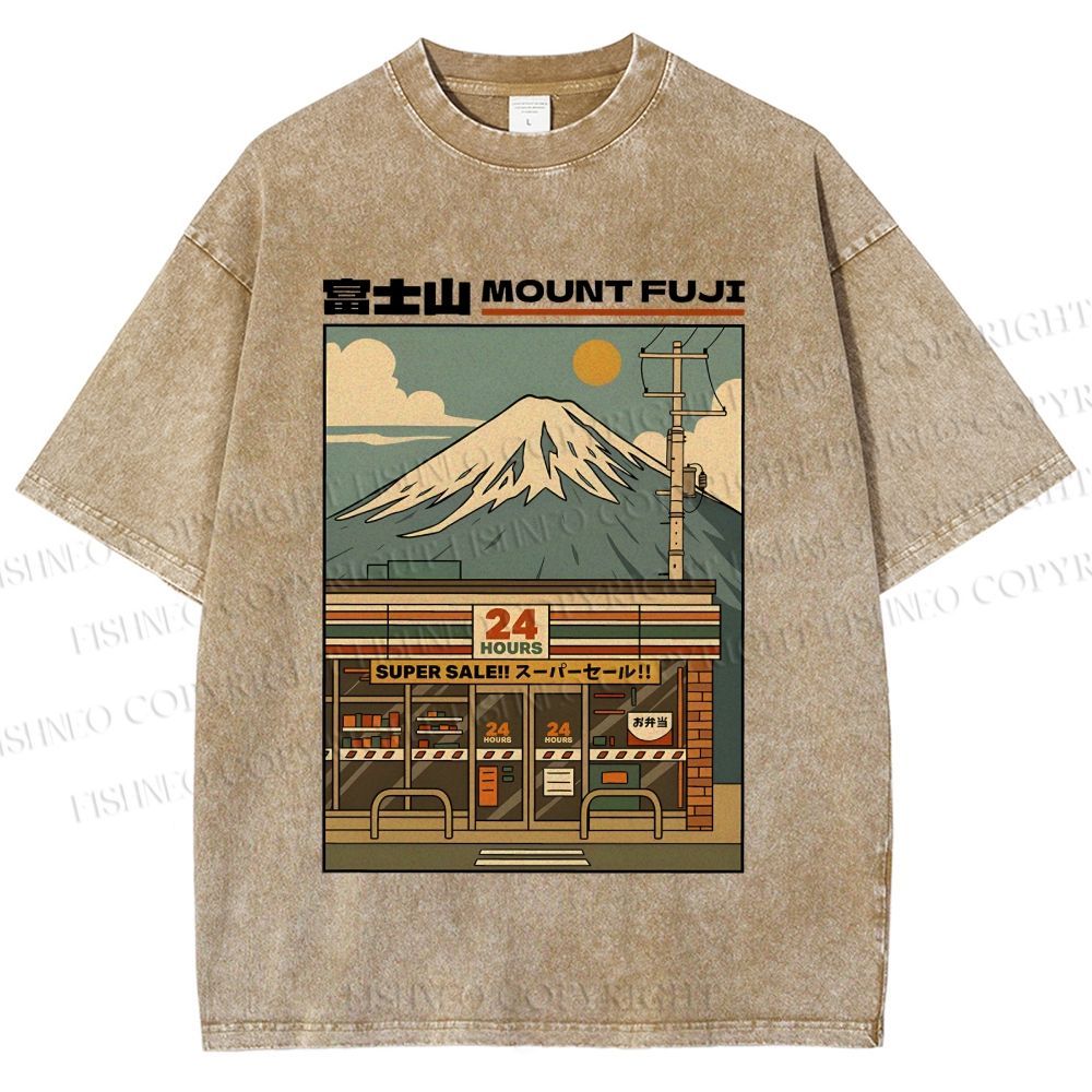 Unisex Japanese Mount Fuji Printed Washed Tee