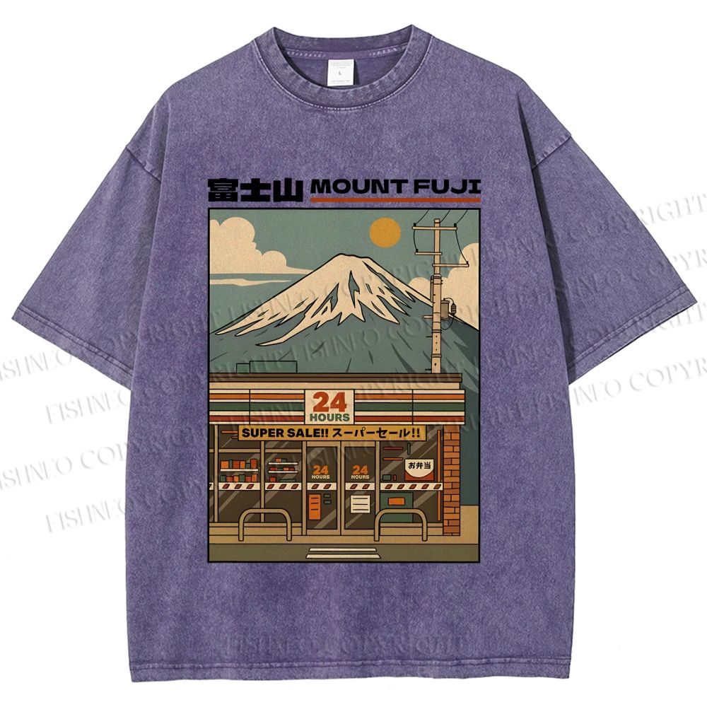 Unisex Japanese Mount Fuji Printed Washed Tee