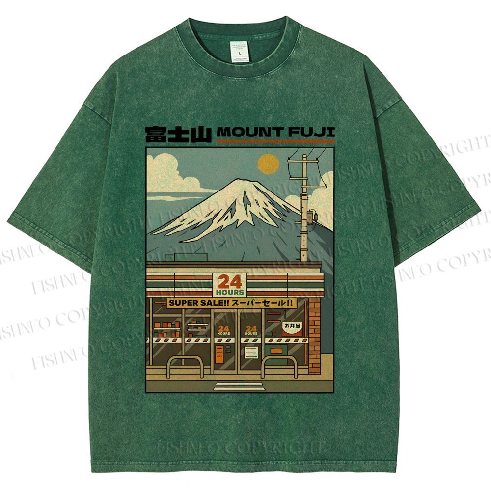 Unisex Japanese Mount Fuji Printed Washed Tee