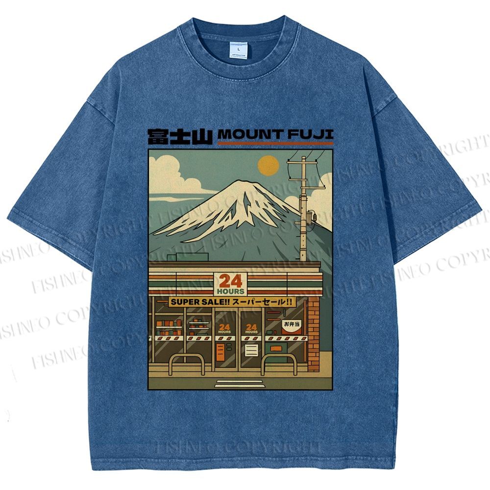 Unisex Japanese Mount Fuji Printed Washed Tee
