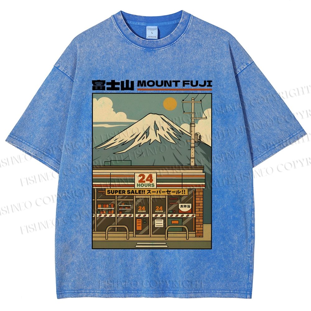 Unisex Japanese Mount Fuji Printed Washed Tee