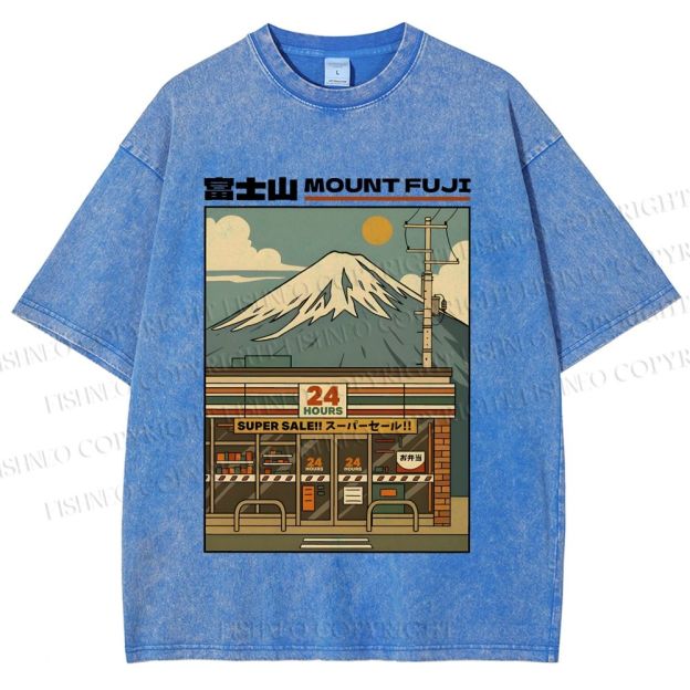 Unisex Japanese Mount Fuji Printed Washed Tee