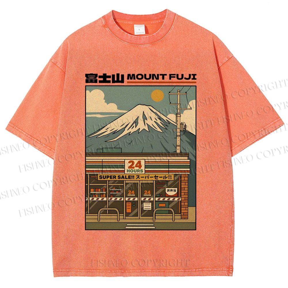 Unisex Japanese Mount Fuji Printed Washed Tee