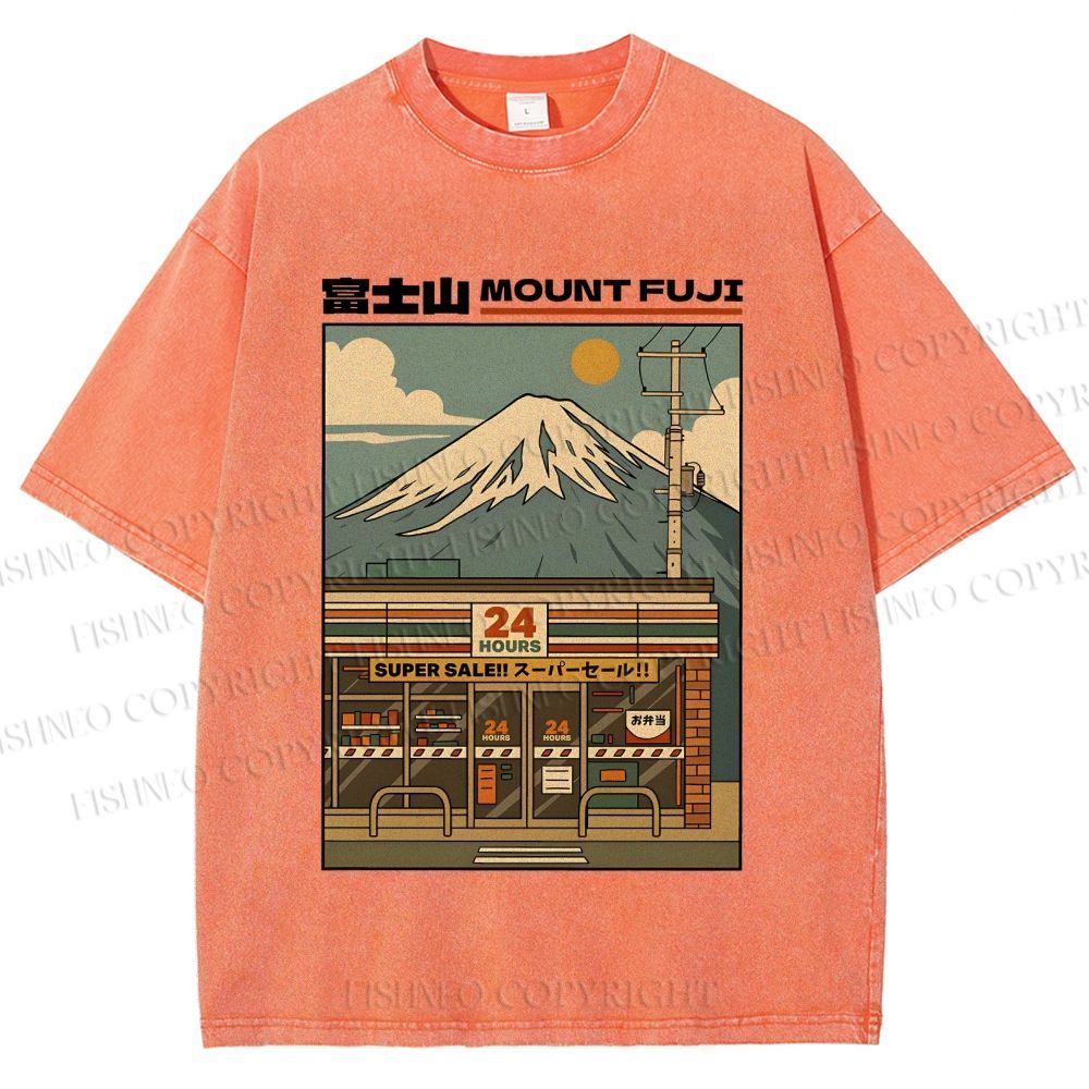 Unisex Japanese Mount Fuji Printed Washed Tee