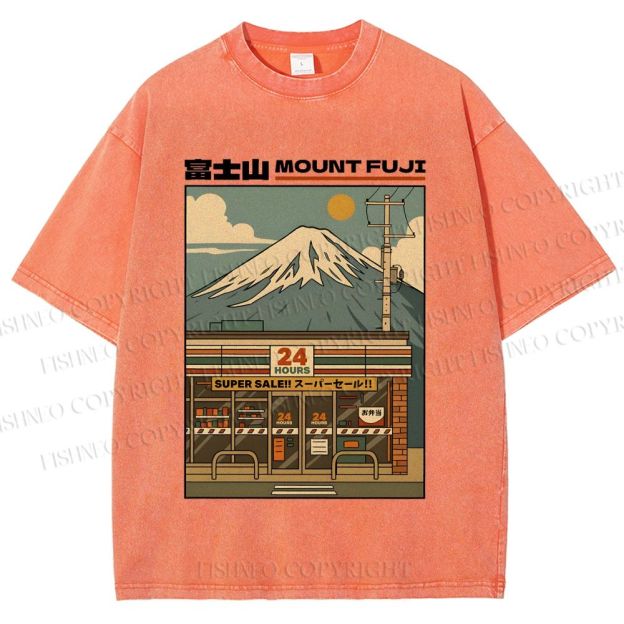 Unisex Japanese Mount Fuji Printed Washed Tee