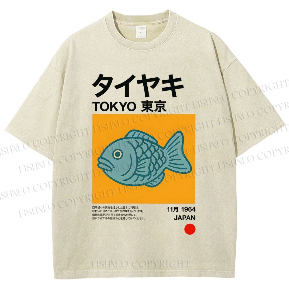 Unisex Taiyaki Japanese Food Art Printed Washed Tee