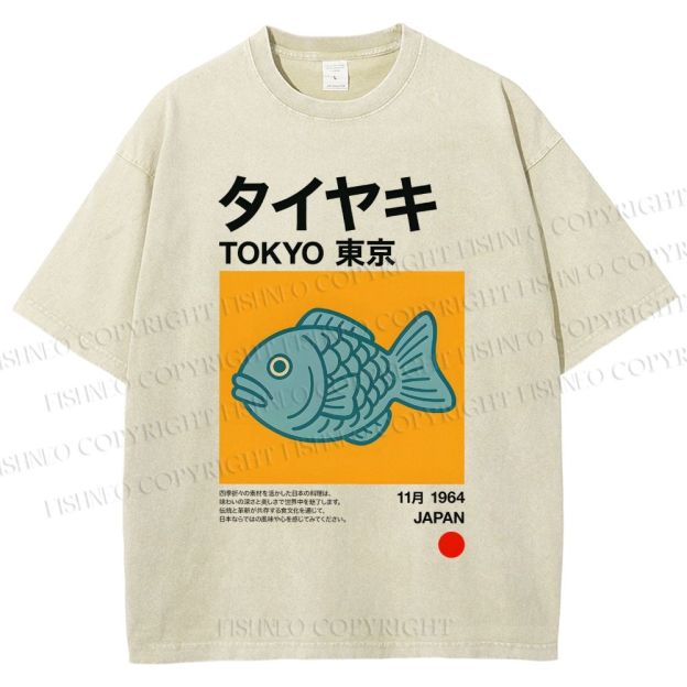 Unisex Taiyaki Japanese Food Art Printed Washed Tee