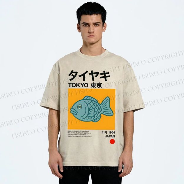 Unisex Taiyaki Japanese Food Art Printed Washed Tee