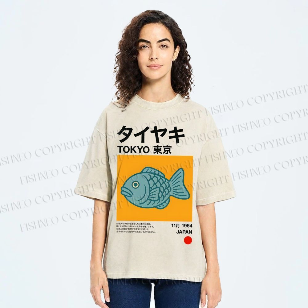 Unisex Taiyaki Japanese Food Art Printed Washed Tee