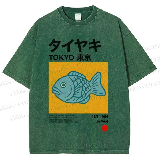 Unisex Taiyaki Japanese Food Art Printed Washed Tee