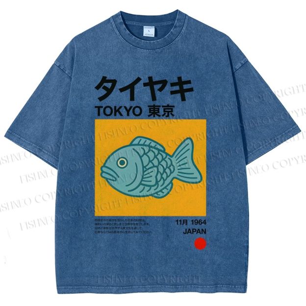 Unisex Taiyaki Japanese Food Art Printed Washed Tee