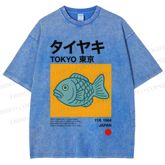 Unisex Taiyaki Japanese Food Art Printed Washed Tee