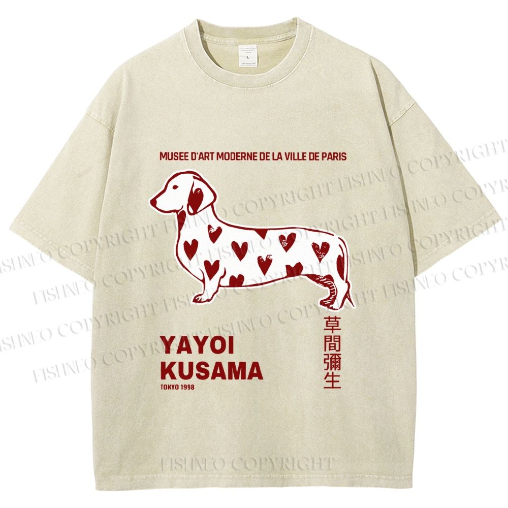 Unisex Yayoi Kusama Dachshund With Hearts Printed Washed Tee