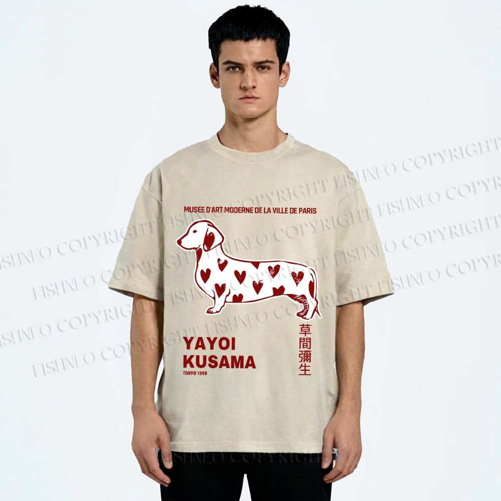 Unisex Yayoi Kusama Dachshund With Hearts Printed Washed Tee