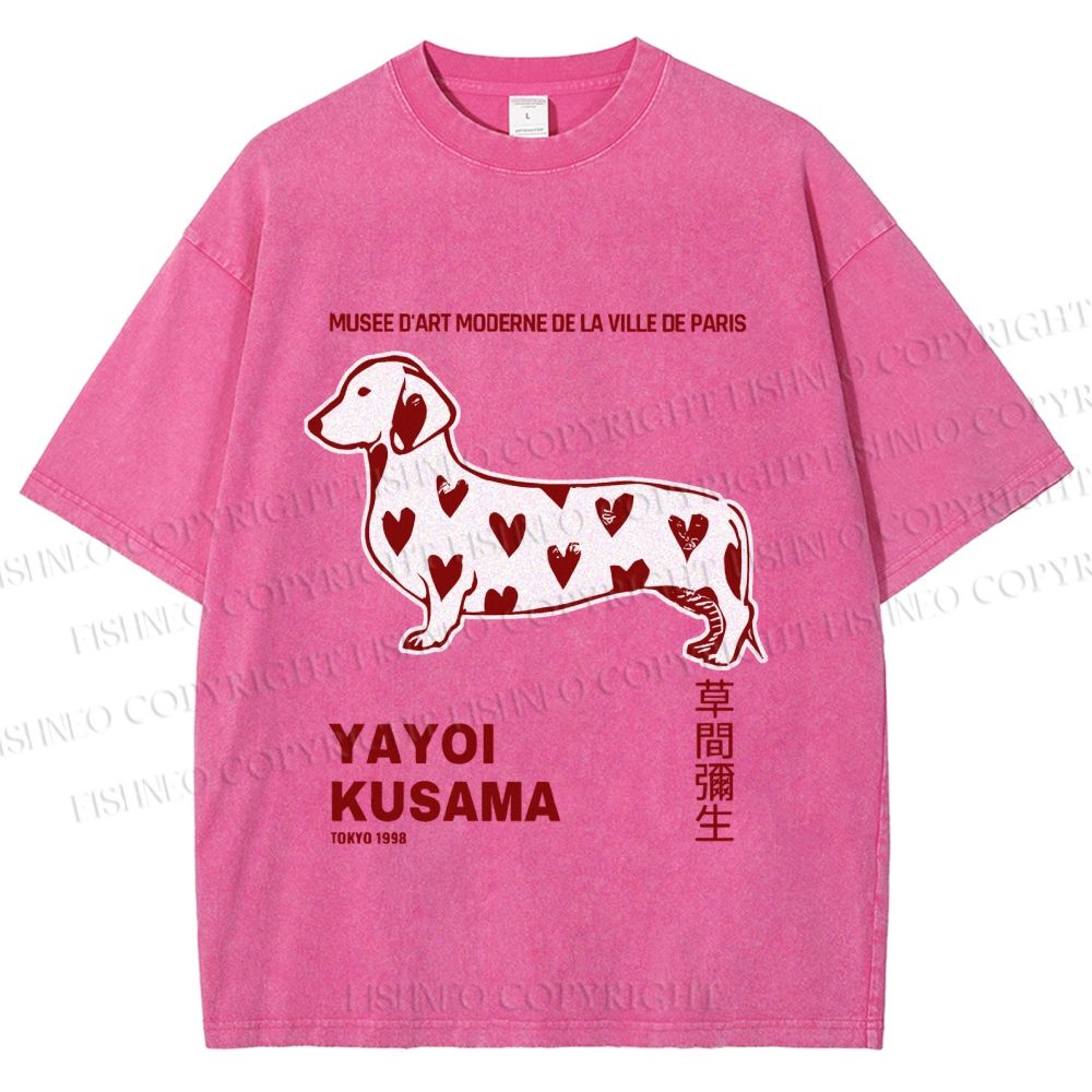 Unisex Yayoi Kusama Dachshund With Hearts Printed Washed Tee
