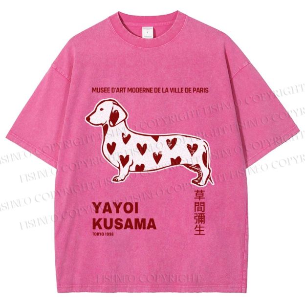 Unisex Yayoi Kusama Dachshund With Hearts Printed Washed Tee