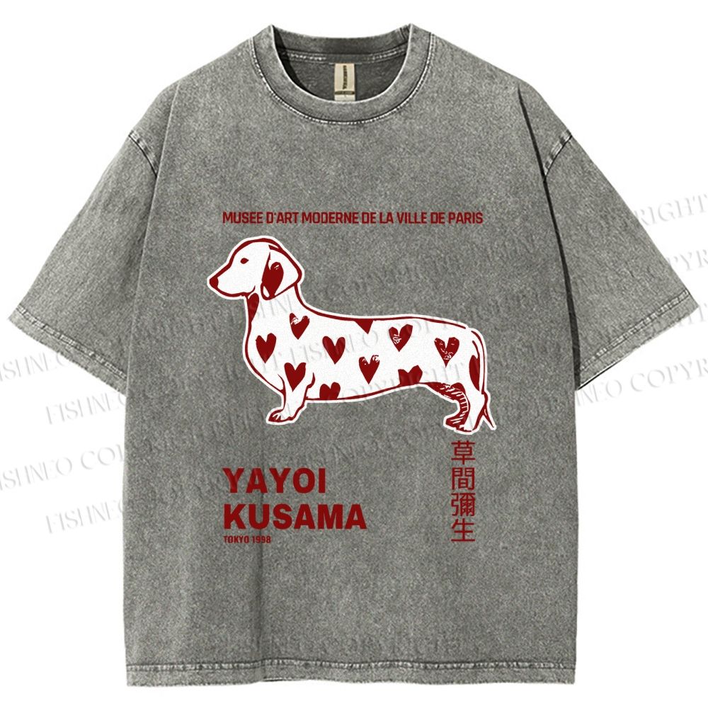 Unisex Yayoi Kusama Dachshund With Hearts Printed Washed Tee