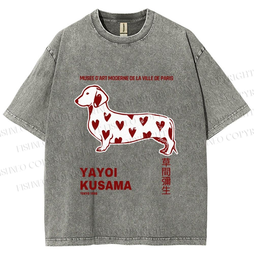 Unisex Yayoi Kusama Dachshund With Hearts Printed Washed Tee