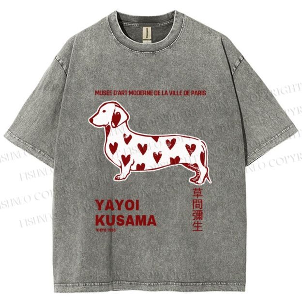 Unisex Yayoi Kusama Dachshund With Hearts Printed Washed Tee