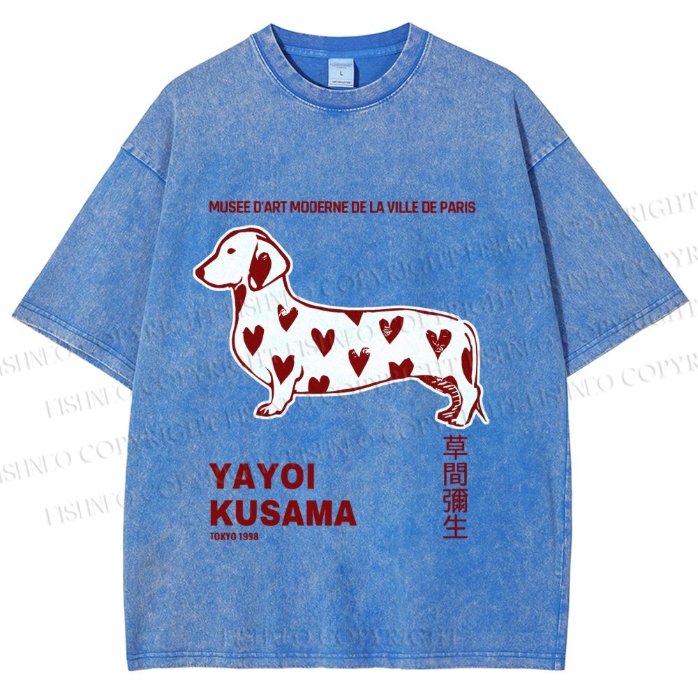 Unisex Yayoi Kusama Dachshund With Hearts Printed Washed Tee