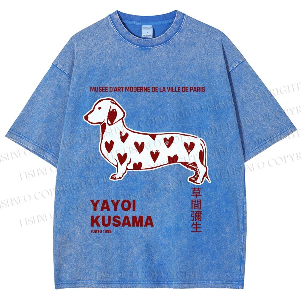 Unisex Yayoi Kusama Dachshund With Hearts Printed Washed Tee