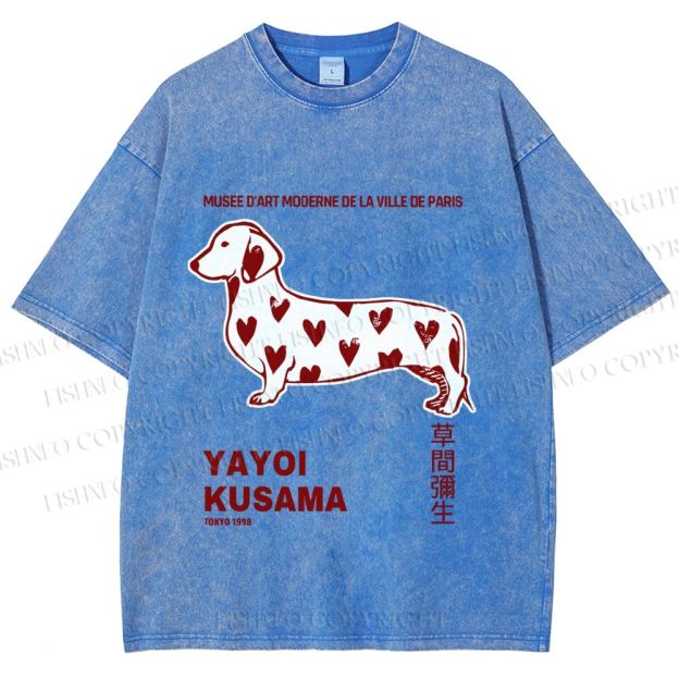 Unisex Yayoi Kusama Dachshund With Hearts Printed Washed Tee