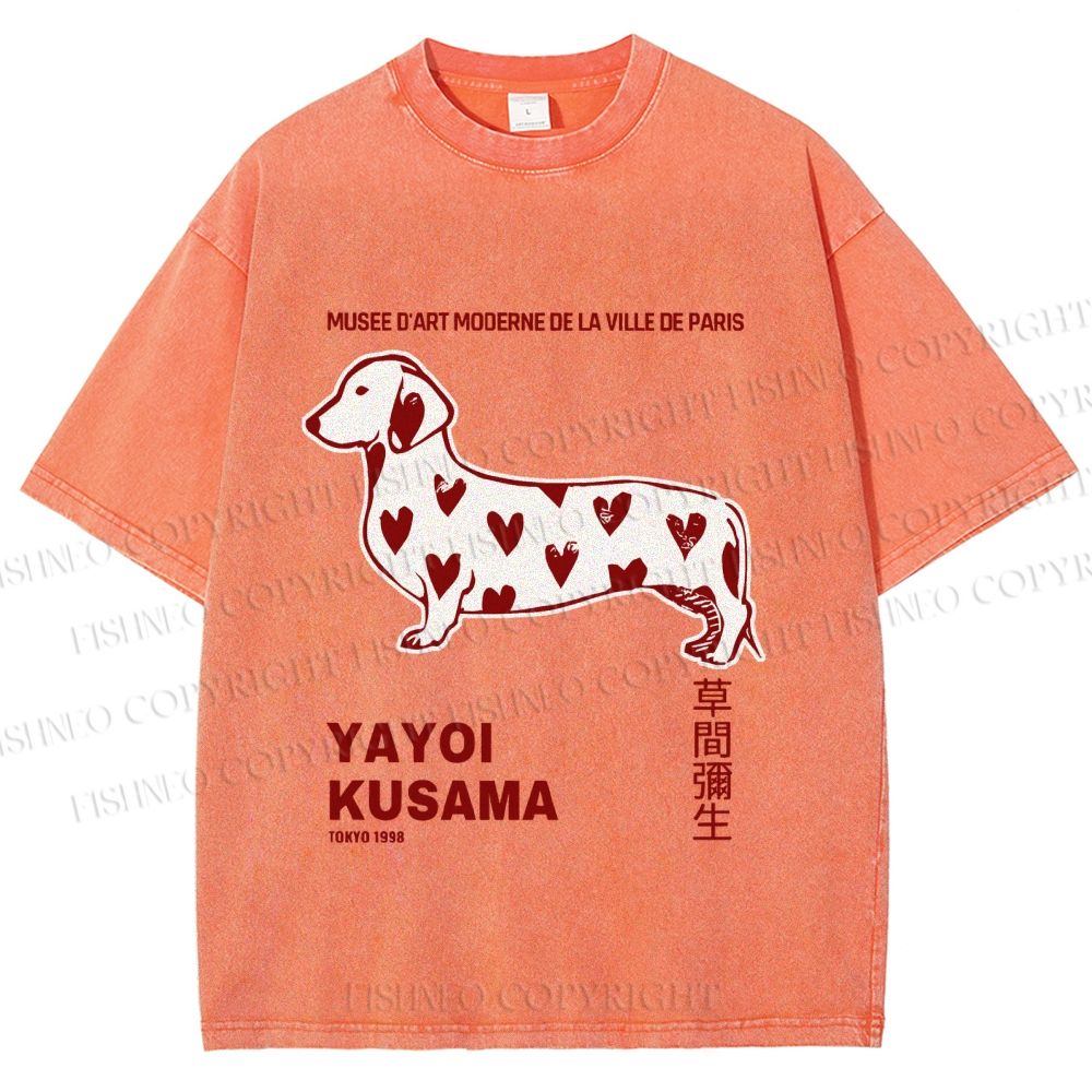 Unisex Yayoi Kusama Dachshund With Hearts Printed Washed Tee