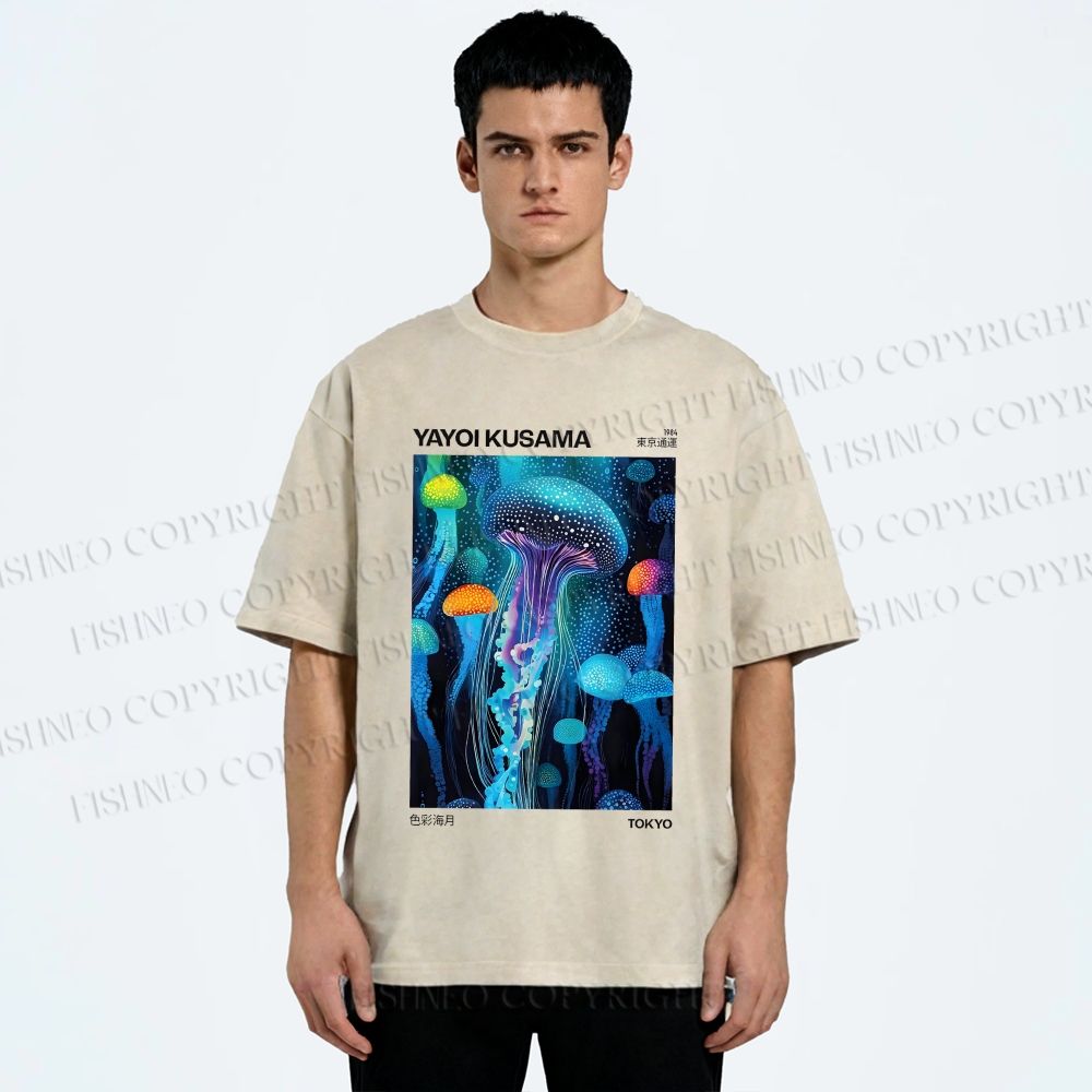 Unisex Yayoi Kusama Colorful Art Jellyfish Printed Washed Tee